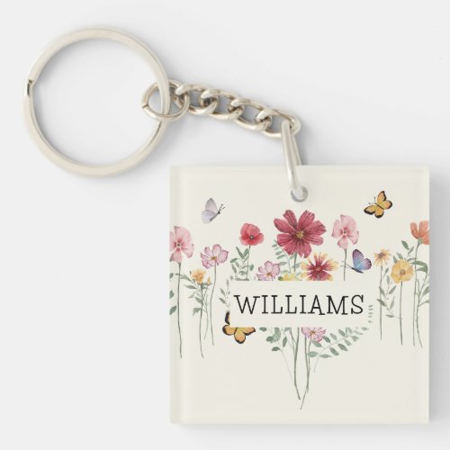 Personalized Last Name Floral Keychain