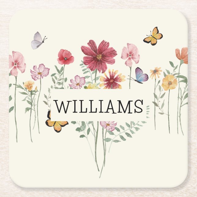 Personalized Last Name Floral Square Paper Coaster (Front)