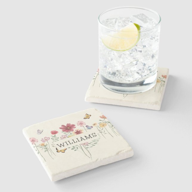Personalized Last Name Floral Stone Coaster (Side)