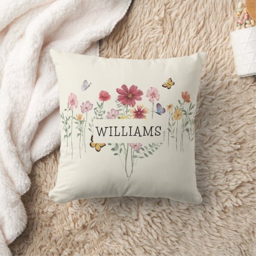 Personalized Last Name Floral Throw Pillow