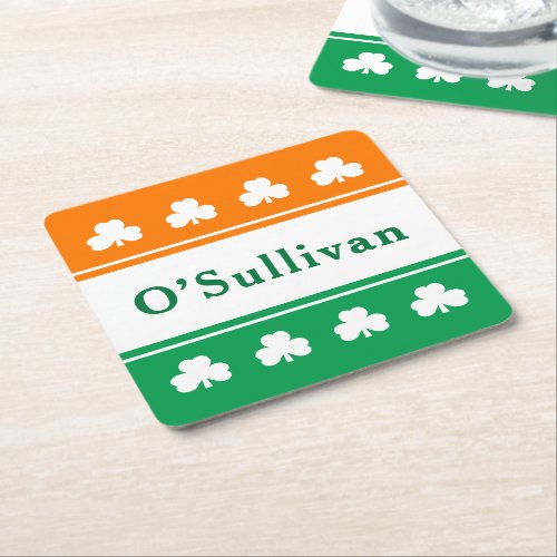 Personalized Last Name Ireland Flag Colors Square Paper Coaster