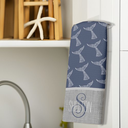 Personalized Last Name Nautical Whale Tail Art Kitchen Towel