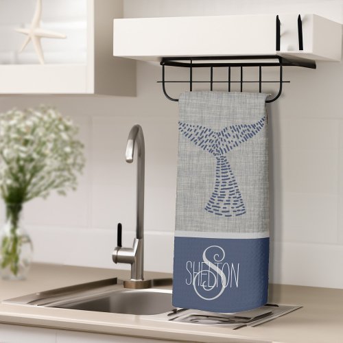 Personalized Last Name Nautical Whale Tail Art Kitchen Towel