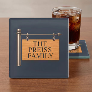 Personalized Last Name Wooden Hanging Sign Glass Coaster