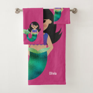 Personalized Latina Faux Foil Black Hair Mermaid Bath Towel Set