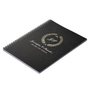 Personalized Laurel wreath black leather Notebook