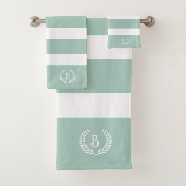 Personalized Laurel Wreath Green & White Stripes Bath Towel Set (Insitu)