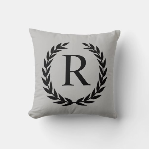 Personalized Laurel Wreath Grey Throw Pillow