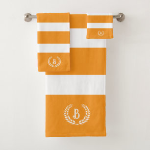 Personalized Laurel Wreath Orange & White Stripes Bath Towel Set