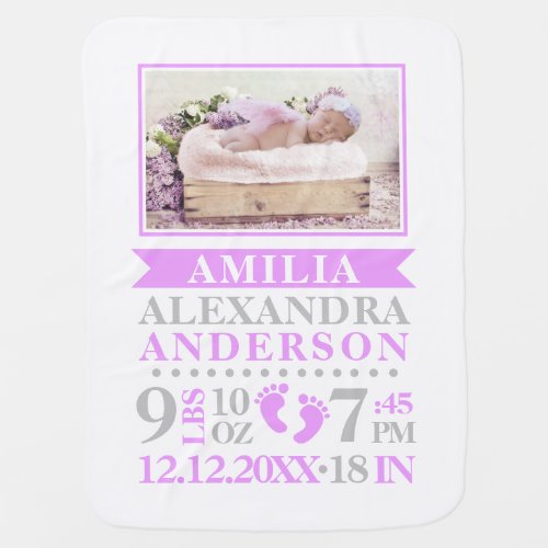 Personalized Lavender Baby Girl Birth Stats PHOTO Baby Blanket