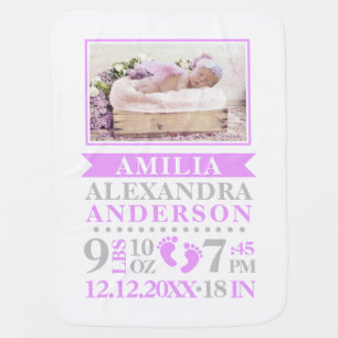 Personalized Lavender Baby Girl Birth Stats PHOTO Blanket