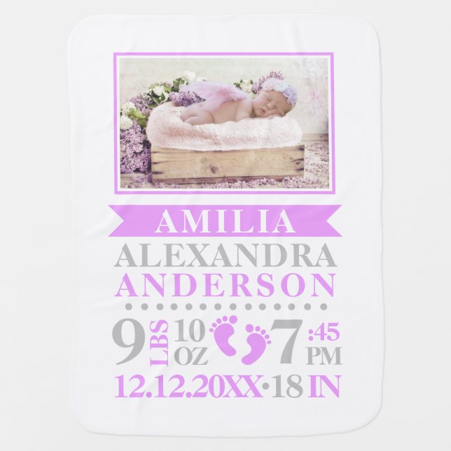 Personalized Lavender Baby Girl Birth Stats PHOTO Blanket (Front)