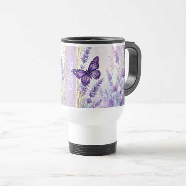 Personalized Lavender Butterfly 15oz Travel Cup (Front Right)