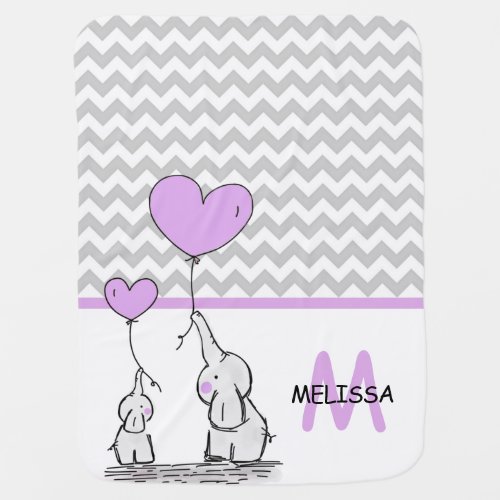 Personalized Lavender Elephant Chevron Grey GIRL Baby Blanket