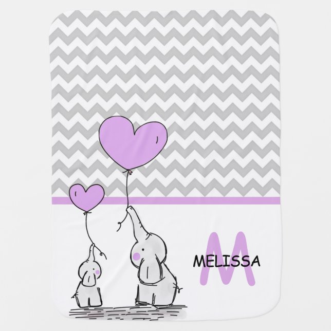 Personalized Lavender Elephant Chevron Grey GIRL Baby Blanket (Front)