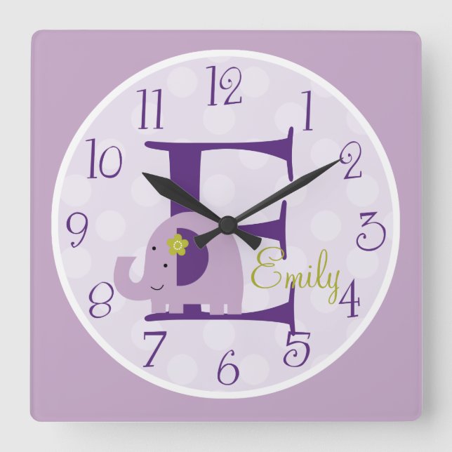 Personalized Lavender Elephant Clock (Front)