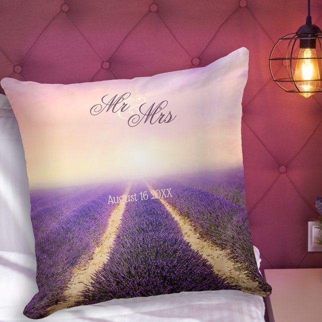 Personalized Lavender Field Wedding Pillow (Romantic wedding pillow featuring a painting of a lavender field in a dreamy atmosphere)