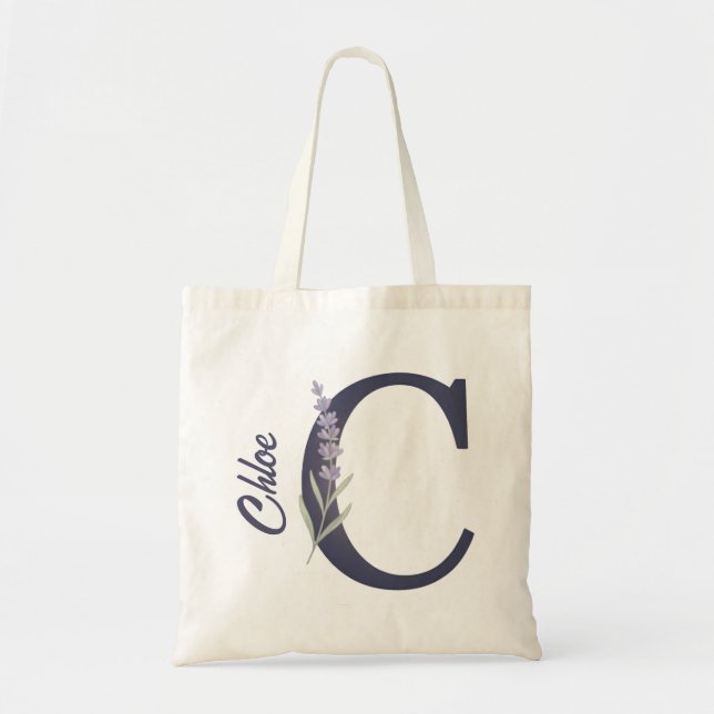 Personalized Lavender Floral C Monogram Tote Bag (Front)