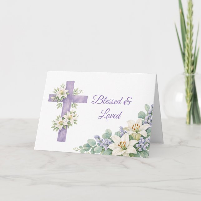 Personalized Lavender Floral Cross Blessed & Loved Card (Front)
