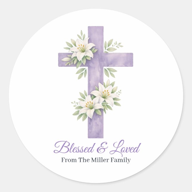 Personalized Lavender Floral Cross Blessed & Loved Classic Round Sticker (Front)