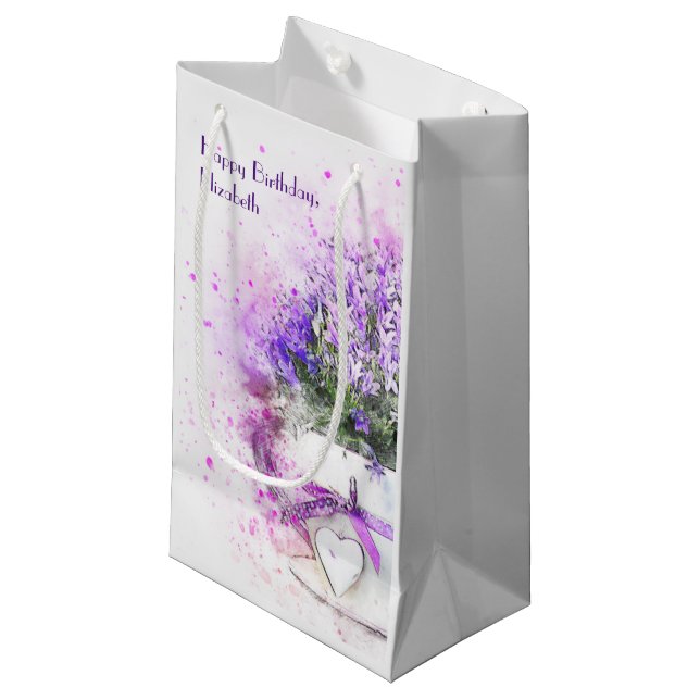 Personalized Lavender Floral Watercolor Birthday Small Gift Bag (Front Angled)