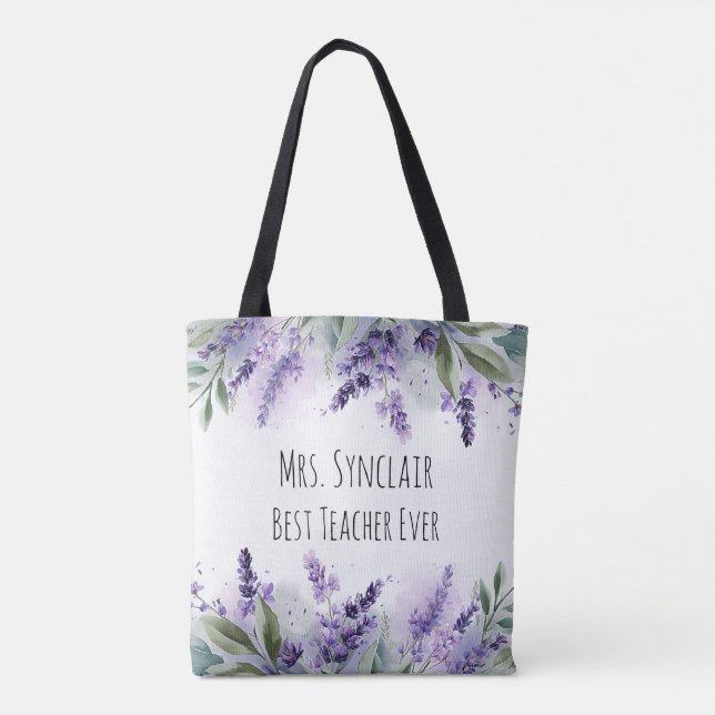 Personalized Lavender Flowers Teacher Appreciation Tote Bag (Back)