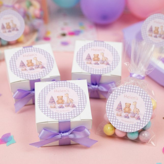 Personalized Lavender Gingham 1st Birthday  Classic Round Sticker (Creator Uploaded)