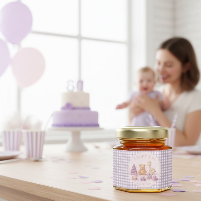 Personalized Lavender Gingham 1st Birthday  Honey Jar Favors (Creator Uploaded)