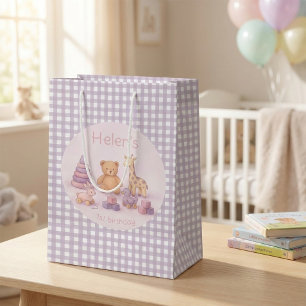 Personalized Lavender Gingham 1st Birthday  Medium Gift Bag