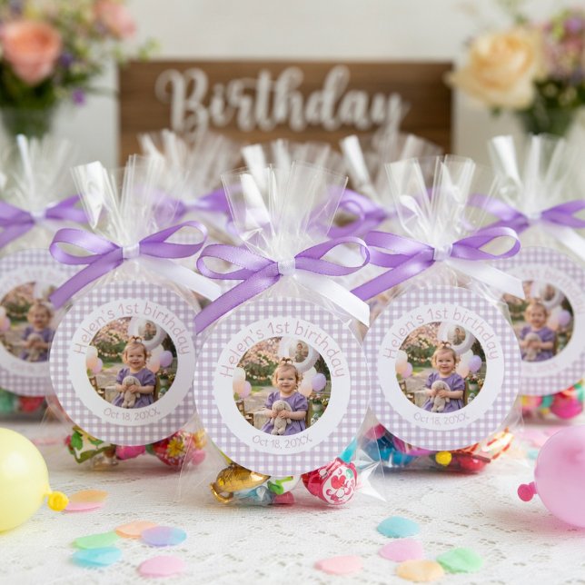 Personalized Lavender Gingham 1st Birthday Photo Classic Round Sticker (Creator Uploaded)