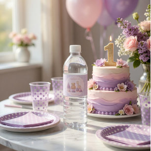 Personalized Lavender Gingham 1st Birthday  Water Bottle Label