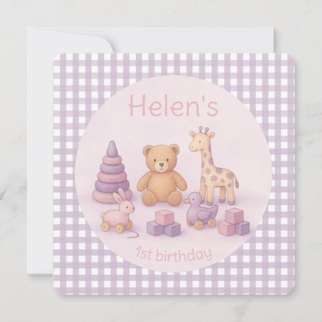 Personalized Lavender Gingham Birthday Invitation (Front)