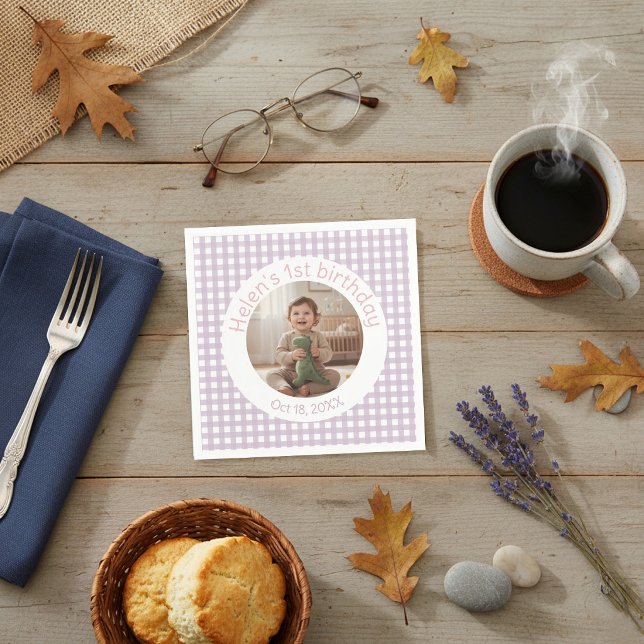 Personalized Lavender Gingham Birthday Photo Napkins (Creator Uploaded)