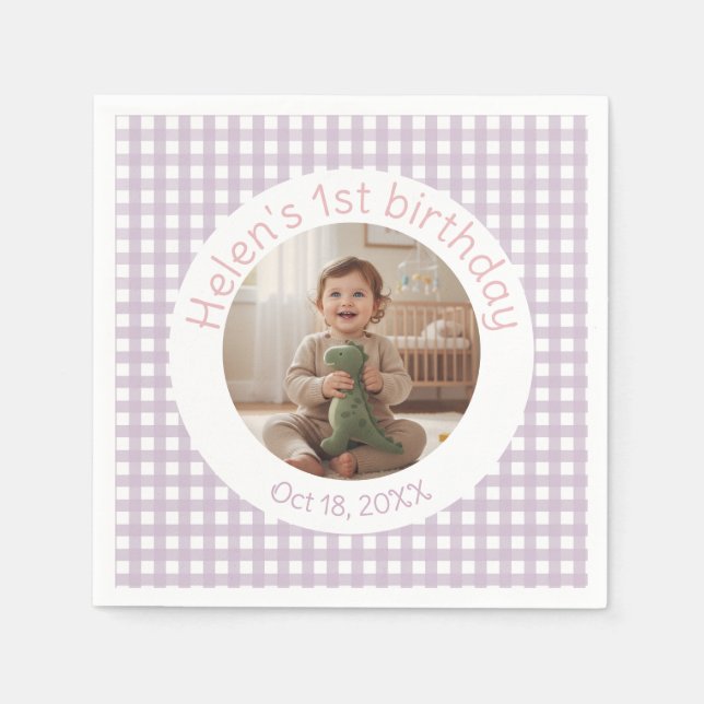 Personalized Lavender Gingham Birthday Photo Napkins (Front)