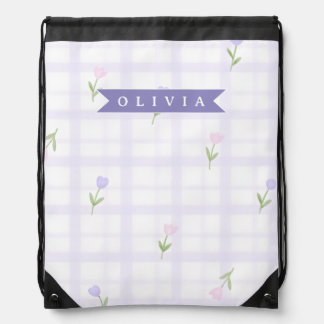 Personalized Lavender Gingham Floral Name Gift Drawstring Bag
