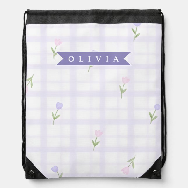 Personalized Lavender Gingham Floral Name Gift Drawstring Bag (Front)