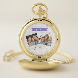 Personalized Lavender Gingham Floral Name Gift Pocket Watch