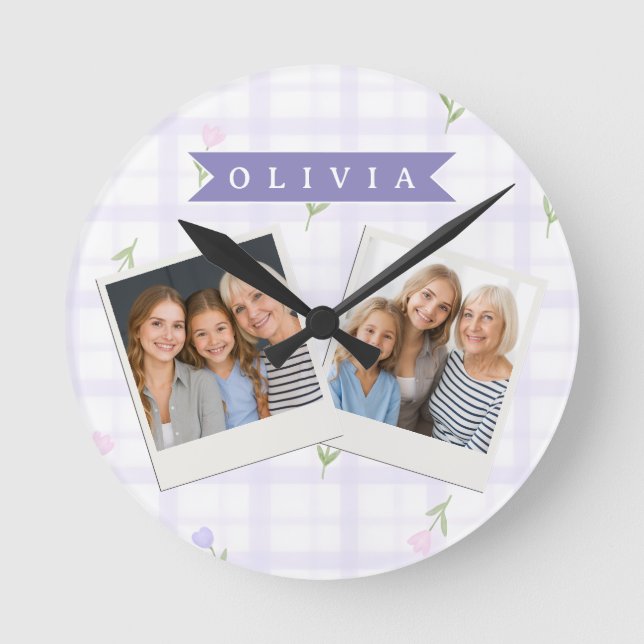 Personalized Lavender Gingham Floral Name Gift Round Clock (Front)