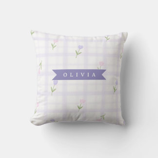 Personalized Lavender Gingham Floral Name Gift Throw Pillow