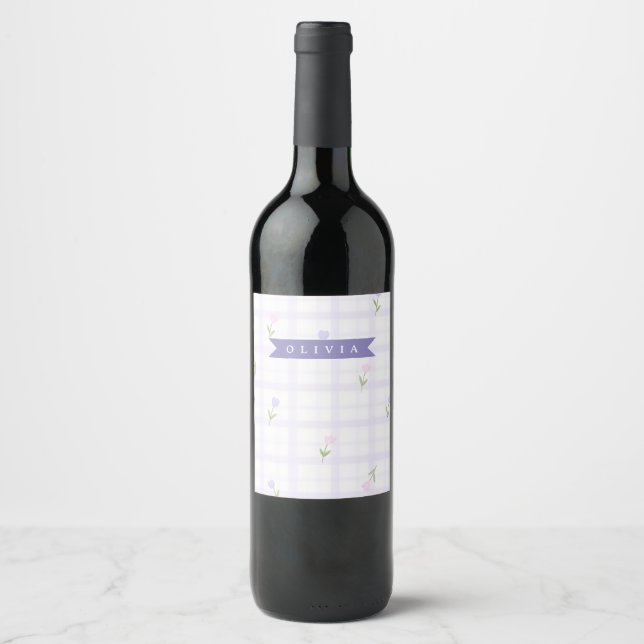 Personalized Lavender Gingham Floral Name Gift Wine Label (Front)