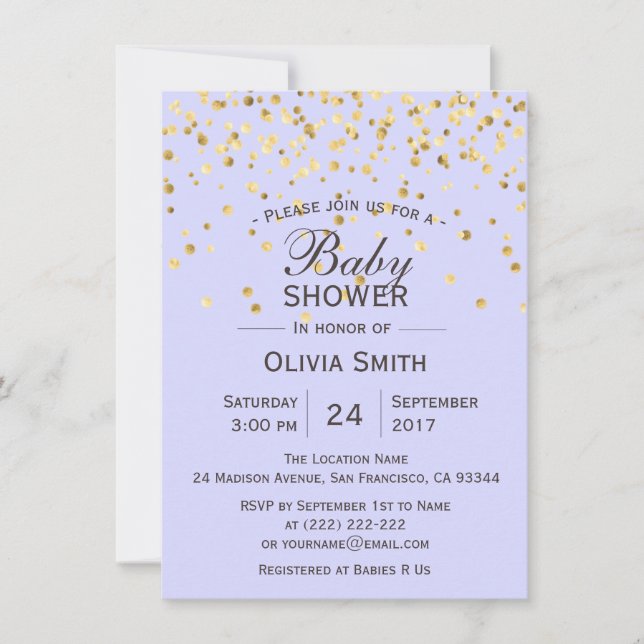 Personalized Lavender Gold Baby Shower Invites (Front)