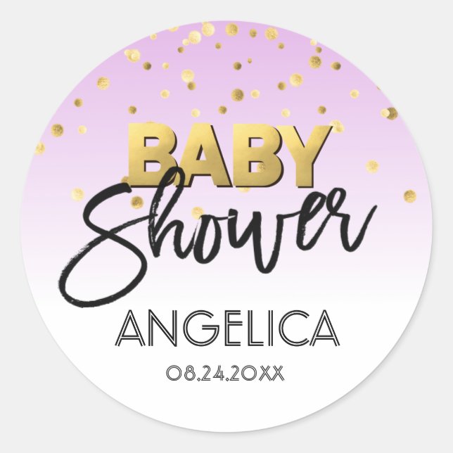 Personalized LAVENDER Gold Baby Shower Labels (Front)