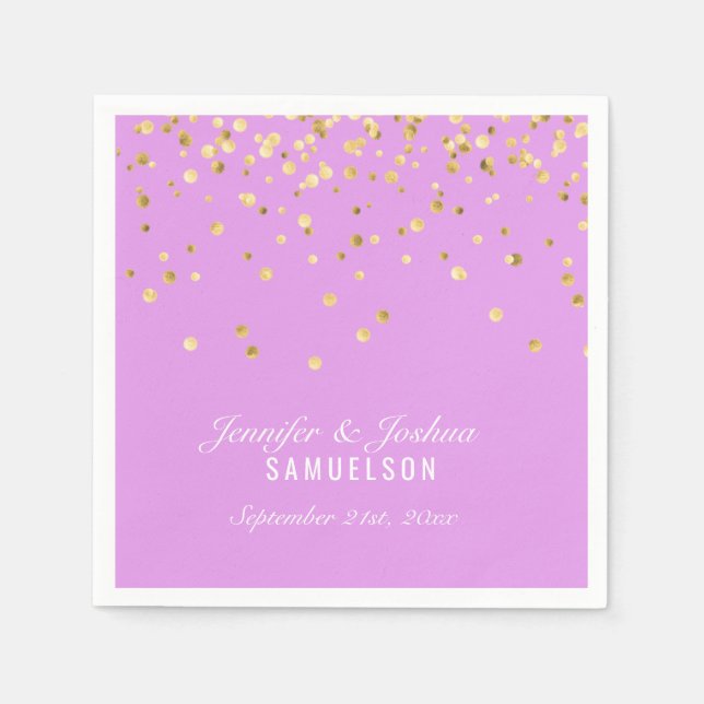 Personalized LAVENDER Gold Confetti Wedding Napkins (Front)