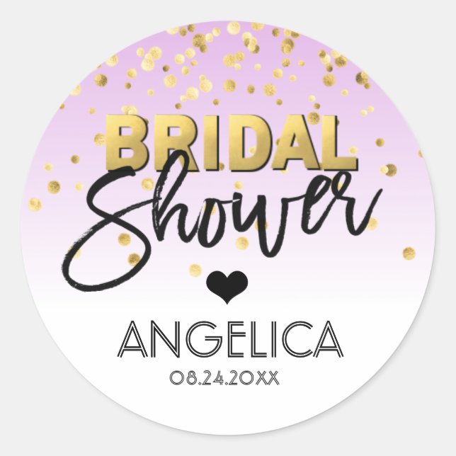 Personalized LAVENDER Gold Foil Bridal Shower Classic Round Sticker (Front)