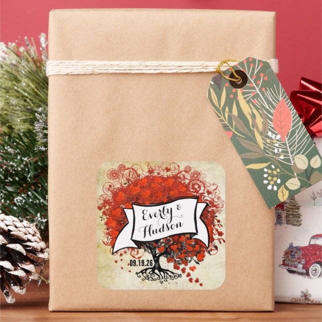 Personalized Lavender Heart Leaf Tree Wedding Square Sticker (Holiday)