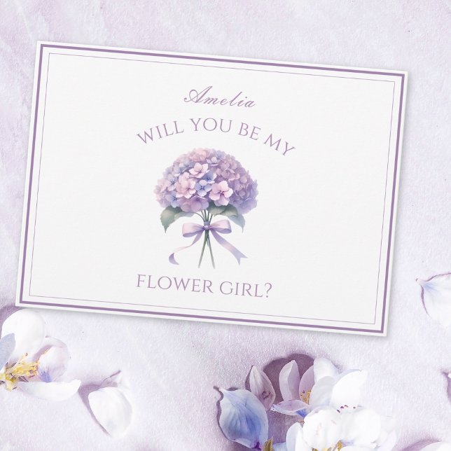 Personalized Lavender Hydrangea Bow Flower Girl Card (Pop the question to your flower girl with this charming purple personalized hydrangea card.)