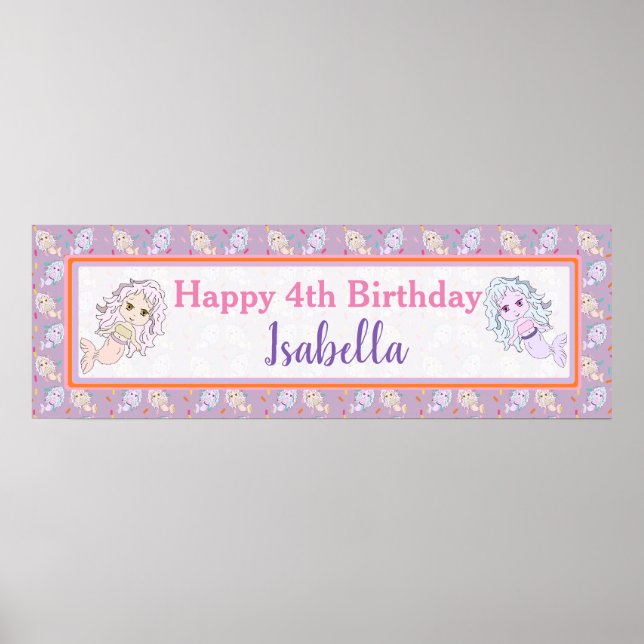 Personalized Lavender Mermaid Birthday Banner Poster (Front)