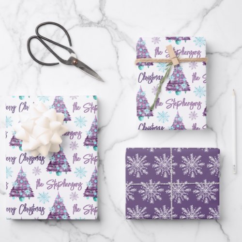 Personalized Lavender Merry Christmas Tree Script Wrapping Paper Sheets