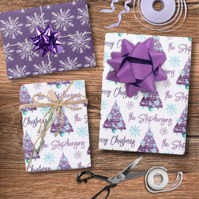 Personalized Lavender Merry Christmas Tree Script Wrapping Paper Sheets (Creator Uploaded)