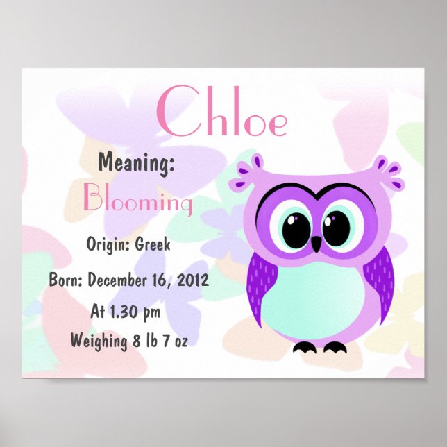 Personalized lavender owl nursery poster (Front)
